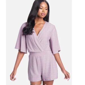 Bebe Women's Flutter Sleeve Metallic Romper Mauve Size Large NWT